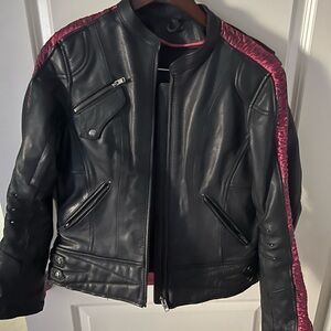 Women's Black and Pink Leather motorcycle Jacket